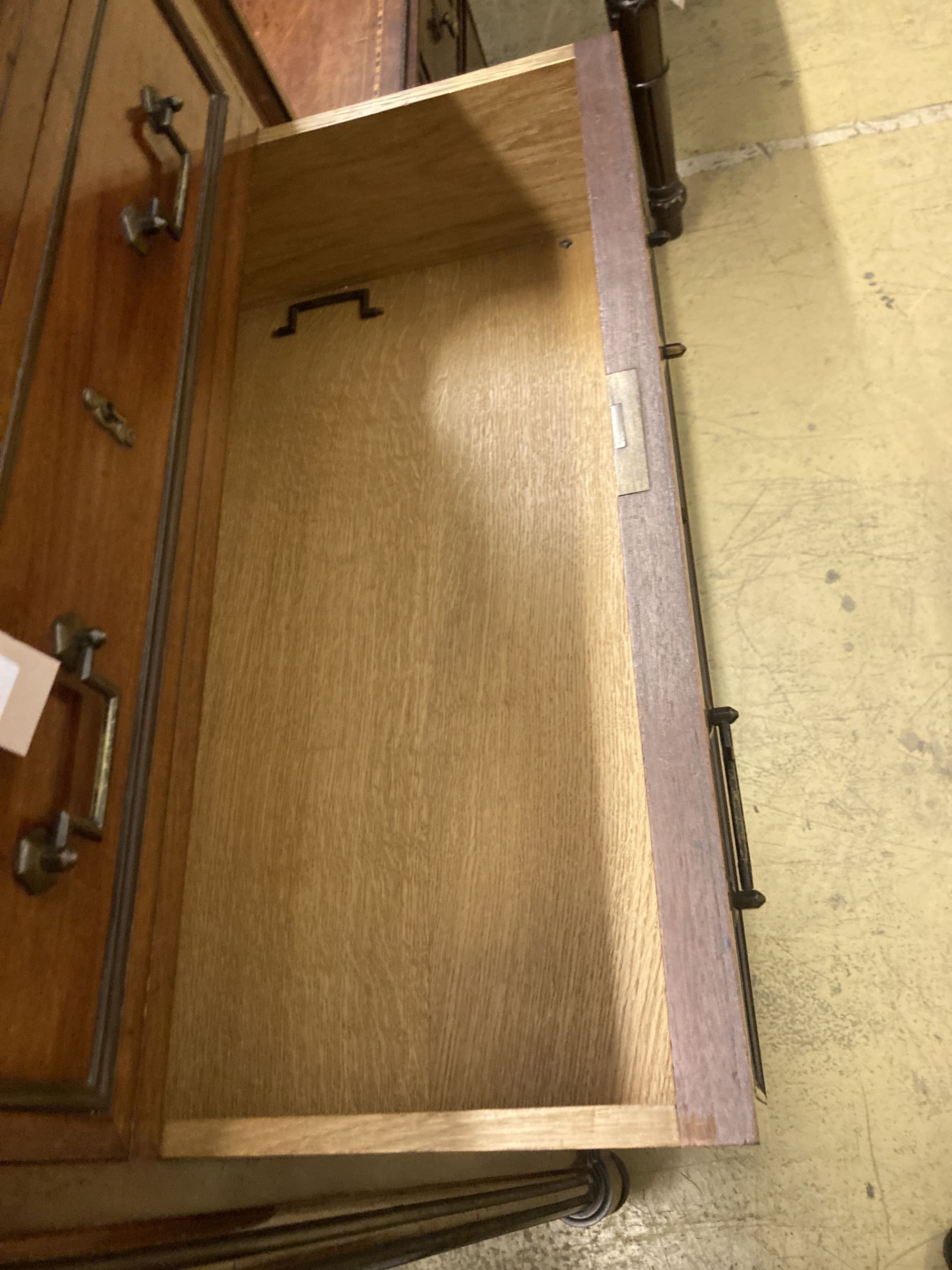 A late 19th century French marble topped mahogany semanier, width 74cm depth 38cm height 146cm
